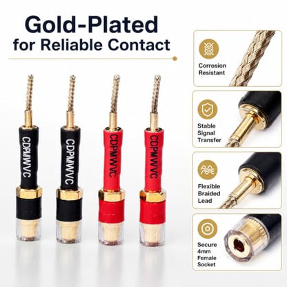 Banana Plug to 4mm Female Adapter 4-Pack, 30A Gold-Plated Spring-Loaded Flex Pin, Color-Coded Red/Black, 6-24AWG for Yamaha Sony Denon Amplifier Receiver Home Theater Speaker Binding Post Wall Plate