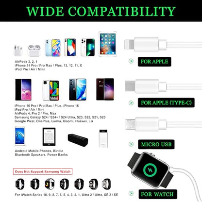 TOP-UP 4 in 1 Watch & Phone Charger Cable – Travel Essentials Multi Charging Cable for Apple Watch, iPhone, USB-C & Micro, Multi Device Charger Cord, 4FT