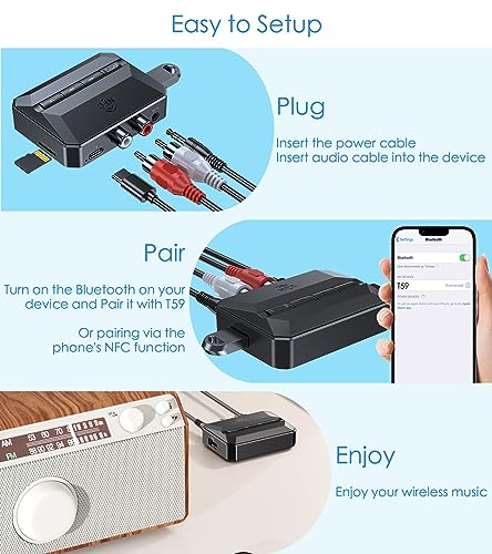 KAIY Bluetooth Receiver for Home Stereo, AUX RCA to Bluetooth Adapter | KAIY Bluetooth Audio Receivers & Adapters, Low Latency Bluetooth Adapter for Stereo, Support USB Drive & TF Card Music Player