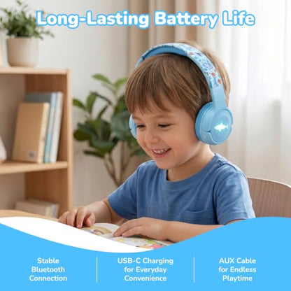 Kids Safe Wireless Light Up Headphones, Foldable Tangle-Free 3.5mm Jack, Volume Limiting 85/94dB, Over-Ear with Microphone for School/Toddlers/Teens/Boys/Girls/Ipad/Tablet/Kindle/Phones/Travel/Plane - color: Blue