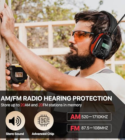AM FM Radio Hearing Protection Earmuff, Bluetooth 5.4, 30SNR | Rechargeable Hearing Protectors with Gel Earpads, Headphones for Lawn Mowing, Construction, Chainsaw, Landscaping - color: Am/Fm+ Bluetooth-red