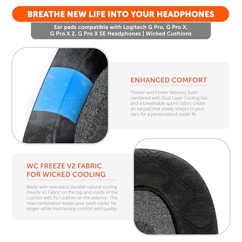WC Freeze G Pro X - Angled Cooling Gel Earpads for Logitech Gpro X | Made by Wicked Cushions | Extreme Comfort, Angeled Design, New Freeze V2 Cooling Fabric, Extra Thick | Black - color: Black
