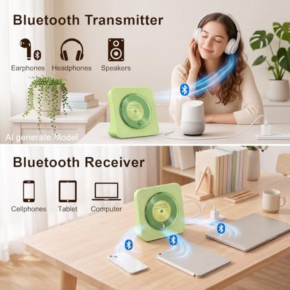 Gueray Portable CD Player with Bluetooth, CD Player with Speaker for Home | Plug-in desktop use,2-way Bluetooth mode, 3W speakers, FM radio, sleep timer, A-B repeat,USB/AUX - color: Green