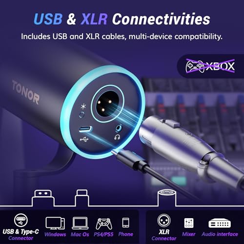 TONOR Dynamic Podcast Microphone, XLR/USB Mic for Recording, Streaming, XLR Cardioid Studio Mic with Quick Mute, Volume Control, 200 cm/78inch Cable, with RGB and Low Profile Boom Arm, Black, TD520S+