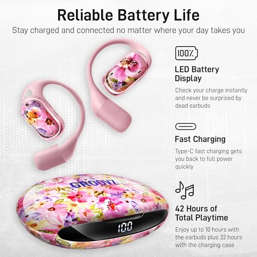 Groovz Open-Ear Plus True Wireless Headphones with Battery Display - Designed & Engineered in the USA - Multi-Point Pairing Bluetooth Open Ear Earbuds Compatible with Apple & Android - Floral - color: Floral