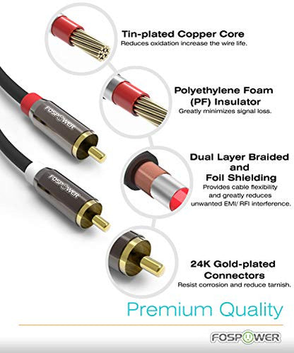 FosPower 2 RCA M/M Stereo Audio Cable [24K Gold Plated | Copper Core] 2RCA Male to 2RCA Male [Left/Right] Premium Sound Quality Plug - 6ft | 2RCA Male to 2RCA Male M/M Stereo Audio Cable, 24K Gold Plated, Copper Core, Left/Right Premium Sound Quality, 6FT