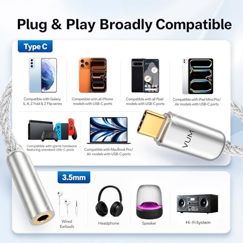 VUM USB-C to 3.5mm Headphone Jack Hi-Res DAC & AMP Dual Chip Audio Adapter | 32-bit/384kHz DAC,5N OCC Silver Plated Cable,24K Gold-Plated Connector,CX31993 & MAX97220 Chipset,TRRS HD Mic Input Supported