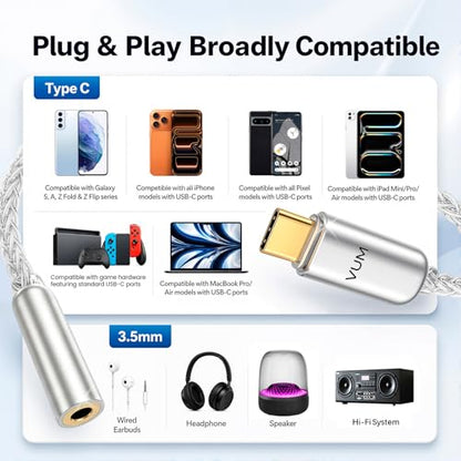 VUM USB-C to 3.5mm Headphone Jack Hi-Res DAC & AMP Dual Chip Audio Adapter | 32-bit/384kHz DAC,5N OCC Silver Plated Cable,24K Gold-Plated Connector,CX31993 & MAX97220 Chipset,TRRS HD Mic Input Supported