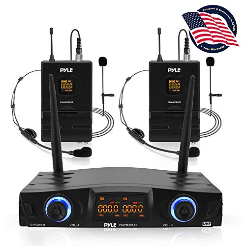 PYLE Compact UHF Wireless Microphone System - Pro Portable Dual Channel Digital Mic Receiver Set W/ 2 Belt-Pack Transmitter, Receiver, 2 Headset, Lavalier Mics, XLR, For Home, PA - PDWM2958B ,Black