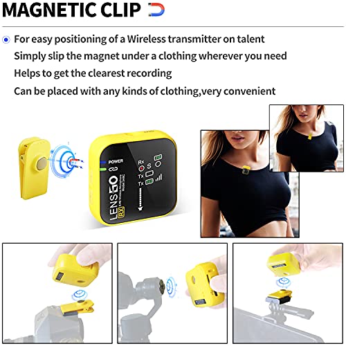 LENSGO 348C 2.4Ghz Wireless Lavalier Microphone 32GB TF Card Slot Compact Lav Mic 2 Transmitter and 1 Receiver Wireless Lapel Microphone for iPhone Smartphone Camera Vlog YouTube Interview Streaming Y - color: Yellow-2s