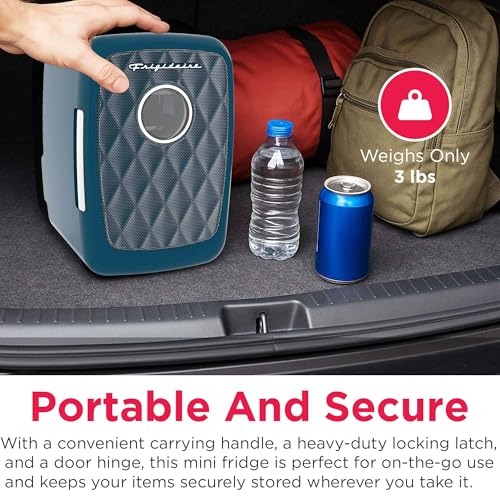 Frigidaire Mini Portable Compact Personal Cooler Fridge, 4 Liter Capacity Chills Six 12 oz Cans, 100% Freon-Free & Eco Friendly, Includes Plugs for Home Outlet - AZURE, BUILT IN BLUETOOTH SPEAKER - color: Azure