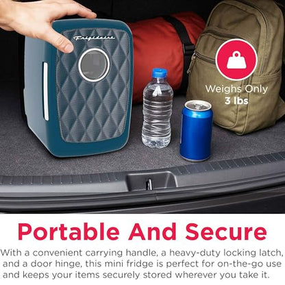 Frigidaire Mini Portable Compact Personal Cooler Fridge, 4 Liter Capacity Chills Six 12 oz Cans, 100% Freon-Free & Eco Friendly, Includes Plugs for Home Outlet - AZURE, BUILT IN BLUETOOTH SPEAKER - color: Azure
