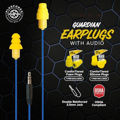 Plugfones Guardian Earplug Headphones - OSHA Approved Noise Isolating in-Ear Earbuds with Hearing Protection - Wired Hybrid for Work and Travel - Includes Silicone and Foam Earplugs - Blue & Yellow - color: Blue