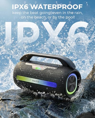 havit Outdoor Bluetooth Speaker, 120W Peak Loud Speakers with Deep Bass, Portable Wireless Speaker IPX6 Waterproof, RGB Light, 12H Playtime, TWS Stereo, EQ, for Party, Beach, Camping, Backyard, Garage