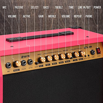 LyxPro 40 Watt Electric Guitar Amplifier | Combo Solid State Studio Amp with 8” 4-Ohm Speaker, Custom EQ Controls, Drive, Delay, ¼” Passive/Active/Microphone Inputs, Aux In & Headphone Jack - Pink - color: Pink, size: 40 Watt