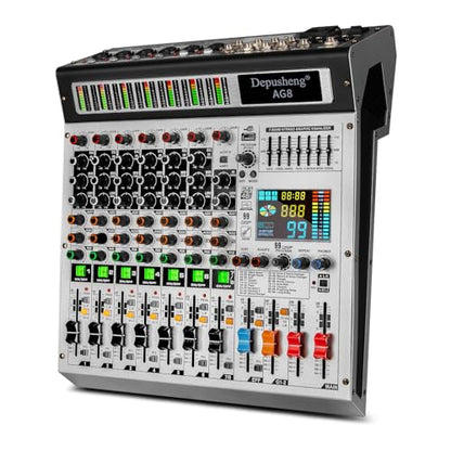 Depusheng AG8 Professional audio mixer 8 Channel with MP3 Player Source USB recording,With grouping and 2 AUX interfaces, 99DSP EFFECTfor Professional and Beginners