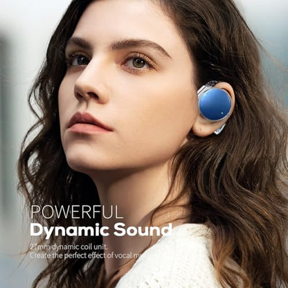Open Ear Earbuds with 52Hrs Playtime, Ergonomic Ear Hook Design, | Clip on Earphones Dual-Device Bluetooth 5.4 Headset for Running & Work - color: White blue