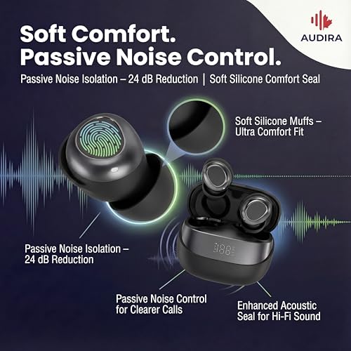AUDIRA Mini Wireless Sleep Earbuds for Side Sleepers, Bluetooth 5.4 in-Ear Ear Buds with Noise Cancelling, IPX4 Waterproof Headphones, Touch Control, Digital Display Charging Case – Black - color: Black