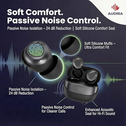 AUDIRA Mini Wireless Sleep Earbuds for Side Sleepers, Bluetooth 5.4 in-Ear Ear Buds with Noise Cancelling, IPX4 Waterproof Headphones, Touch Control, Digital Display Charging Case – Black - color: Black