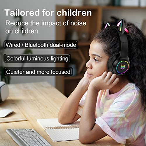 Bluetooth RGB Cat Ear Headphones, Foldable/Built-in Mic, Black | Wireless/wired, clear Hi-Fi sound, breathing lights, for kids/adults/boys/school/gaming, works with phone/laptop/PC/tablet - color: Black