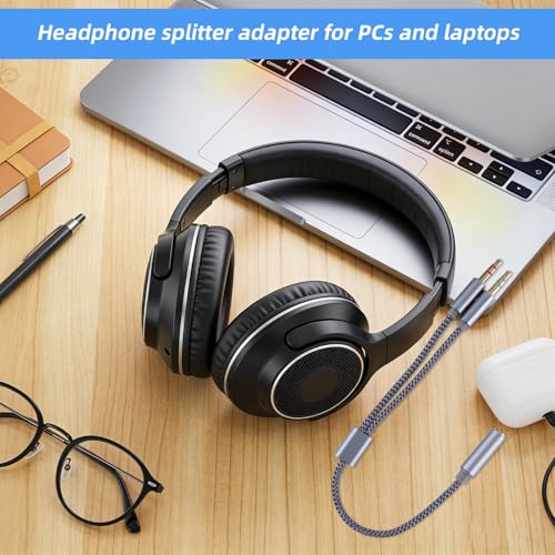 2pcs 2-in-1 Headphone & Microphone Splitter Cable, 3.5mm/0.14in Female to Dual 3.5mm/0.14in Male Audio Adapter Y-Splitter for Gaming Headset PC Laptop Computer Speaker (Gray)