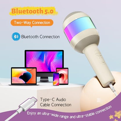 Wireless Karaoke Machine Portable Bluetooth Microphone with LED Light | Best Chritmas Birthday Festival Party Gift for Adults 3 4 5 6 7 8 9 10 11 12+ Year Old Girls Boys Kids (Beige) - color: Beige