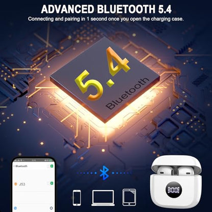 Wireless Earbuds, Bluetooth 5.4 Ear Buds, LED Power Display, 6D Bass Stereo | 4 ENC Noise Cancelling Mic, HiFi Stereo, In-Ear Headphones, 40H Playback Mini Case, IP7 Waterproof Sports, for Android iOS - color: Pearl White