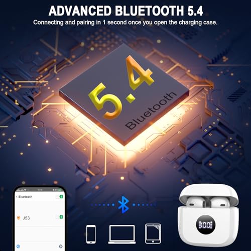 Wireless Earbuds, Bluetooth 5.4 Ear Buds, LED Power Display, 6D Bass Stereo | 4 ENC Noise Cancelling Mic, HiFi Stereo, In-Ear Headphones, 40H Playback Mini Case, IP7 Waterproof Sports, for Android iOS - color: Pearl White
