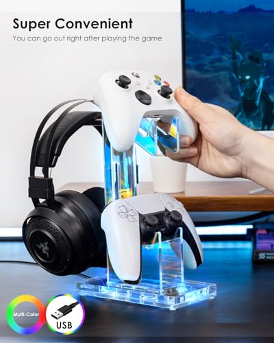 OAPRIRE Headset and Controller Stand with Lights, 2 Tier Acrylic Game Controller Holder, Controller and Headset Stand for Desktop,Universal Design Compatible with PS5/PS4/XBOX/SWITCH (Clear) - color: Clear, size: 2 Tier-Lights