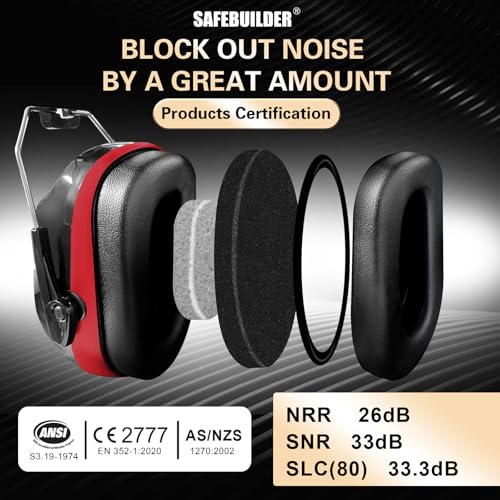 SAFEBUILDER Ear Muffs Noise Reduction SNR 33dB Adjustable Lightweight Safety Earmuffs Sound Proof Noise Cancelling ANSI - color: 1-black Combine Red