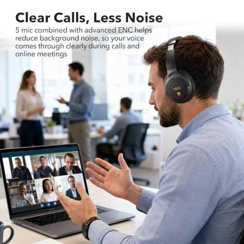 1Mii Hybrid Active Noise Cancelling Bluetooth Headphones with Hi-Res Audio | Over Ear Headphones Wireless Bluetooth 6.0, Low Latency Game Mode, Clear Calls, 100H Playtime, Comfortable for Travel, Office