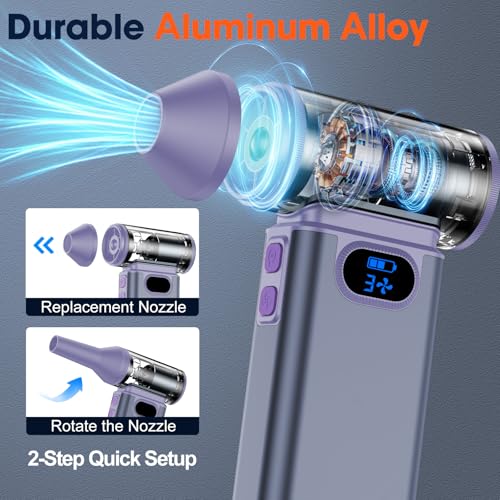 Metal Electric Compressed Air Duster, 300000RPM High Speed Rechargeable Air Blower&Pump for Leaf Blower with Digital Display, 4-Speed Modes-Brushless Motor Mini PC Dust Cleaner with Light(Argent) - color: Argent
