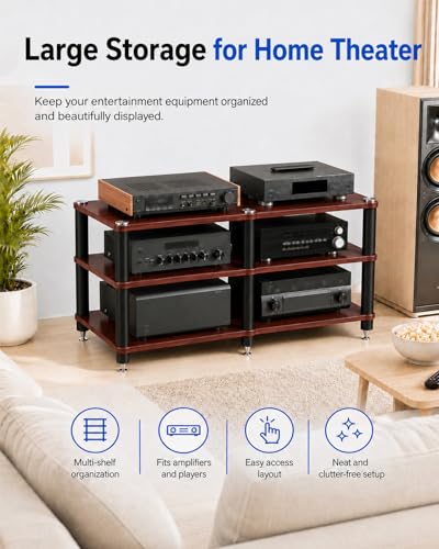 3 Tier Heavy Duty AV Media Stand, Stereo Stands and Racks, Teak | Audio Tower HIFI Rack Stereo Shelf 264 lb Load Capacity, vibration-dampening feet, open ventilation, Built for Hi-Fi systems - color: Teak, size: 3 tier