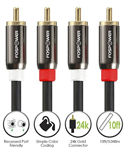 FosPower 2 RCA M/M Stereo Audio Cable [24K Gold Plated | Copper Core] 2RCA Male to 2RCA Male [Left/Right] Premium Sound Quality Plug - 10ft | 2RCA Male to 2RCA Male M/M Stereo Audio Cable, 24K Gold Plated, Copper Core, Left/Right Premium Sound Quality, 10