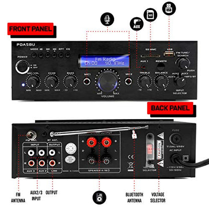Pyle Wireless Bluetooth Home Power Amplifier - 200 Watt Audio Stereo Receiver w/USB Port, AUX in, FM Radio, 2 Karaoke Microphone Input, Remote - Home Entertainment System - Pyle PDA5BU.5
