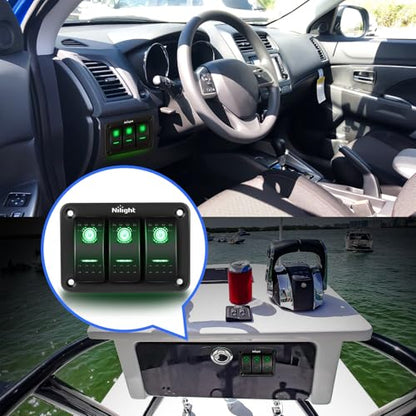 Nilight 3 Gang Rocker Switch Panel SPST On Off Toggle with DIY Label Sticker | 5PIN Electrical 12V/20A 24V/10A Aluminum Plate with Pre-Wired Jumper Wires for LED Light Bar RV Boats 4X4 Cars Green - color: Green, size: 3 Gang