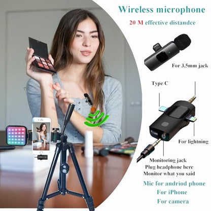 for iPhone Vlogging Kit, Vlogging Kit for Andriod Phone with Two Tripods RGB Light Lavalier Microphone Remote for YouTube Tiktok Content Creator - size: M with Wirless Mic