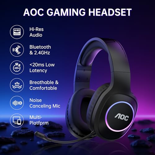 PS5/4, 닌텐도 스위치, PC와 호환되는 무선 게이밍 헤드셋 - 블랙 | 블루투스 5.4 및 2.4GHz 게이밍 헤드폰, 노이즈 캔슬링 마이크, RGB, 타입 C, 20ms 대기 시간, 45H, 7.1 가상 서라운드 - color: 블랙.