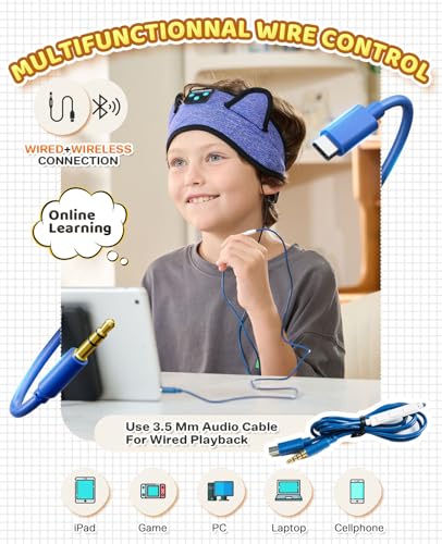 KIDSBAND Kids Headphones, Bluetooth Headphones for Kids with Adjustable Headband, 3.5 MM Jack for School, Foldable On-Ear Headset for Girls Boys Children, Kindle Tablet Cellphones Airplane Travel - color: DarkBlue