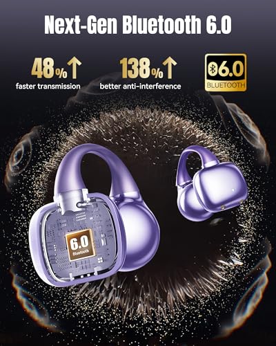 King Lucky Clip-On Earbuds Gen 3, Open-Ear Wireless Bluetooth 6.0 Headphones with Mic, Secure Fit for Small Ears & Glasses Wearers, 50H Playtime, LED Digital Display, ENC, IPX5 Waterproof (Purple) - color: Purple, size: Digital Display
