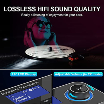 Bluetooth 5.3 Transmitter Receiver for 2 Headphones 3-in-1 Audio Adapter with Bypass Low Latency LCD Display ON/OFF Switch Volume Control Optical AUX RCA for Headphone Speaker TV Home Stereo - color: Single Antenna-GREY