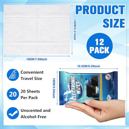 Threlaco 240 Wipes/12 Pack Electronic Cleaning Wipes, Pre-Moistened Screen Wipes for TVs, Computer, Monitor, Phones and Other Electronics, Resealable for a Freshness Lock, No Scratches, No Steaks