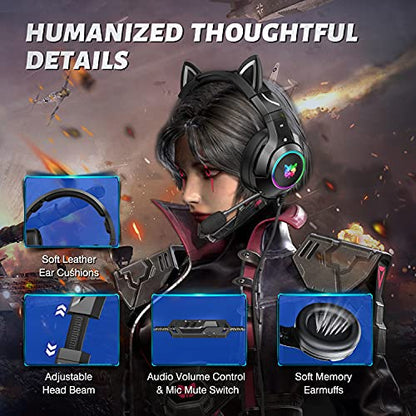 PHNIXGAM Gaming Headset - Removable Cat Ears, RGB/Retractable Mic, Black | Wired 3.5mm surround sound gaming headphone, Compatible with PC, PS4, PS5, mobile - color: Black 3.5mm