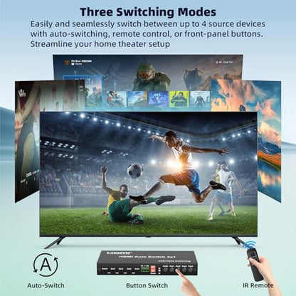 HDMI Switch 4 In 1 Out, 1080P@60Hz 4 Ports HDMI Switch with Seamless Timing Cycle Switching, RS232, IR Remote, Supports Optical + 3.5mm L/R Audio Extractor, Auto Switch for DVD, HD Player, PS4, TV Box
