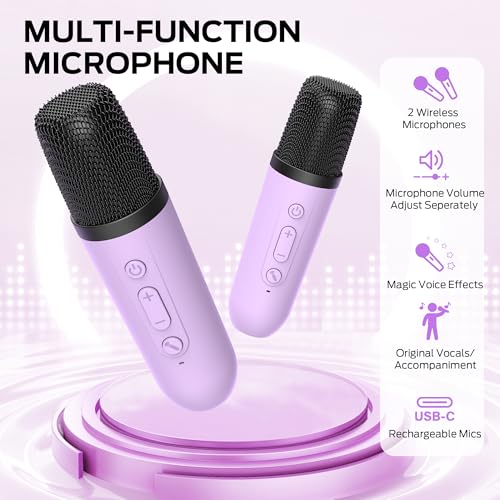Monster Mini Karaoke Machine for Kids Adults, Portable Bluetooth Speakers with 2 Wireless Microphones and Lights, Christmas Birthday Gifts Toys for Girls Boys 4, 5, 6, 7, 8, 9, 10, 12+ Toddler