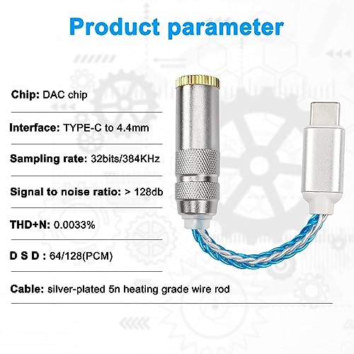 XMSJSIY USB Type C to 4.4mm Balanced DAC Audio Adapter USB C Male to 4.4mm Female HiFi Headphone Jack Amp PCM 32bit/384kHz with 5N Single Crystal Silver Aux Cable for Phone Latop and Type C Devices