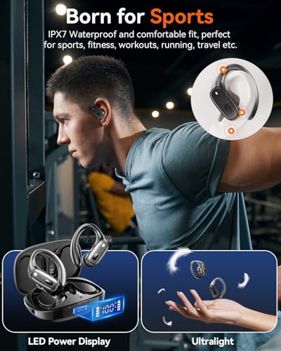 LEEMC Wireless Earbuds, Bluetooth Headphones 5.4, 80Hr Playtime Ear Buds with Hooks for Sports, Noise Canceling, LED Display, IPX7 Waterproof Earphones for Workout Running, Onyx