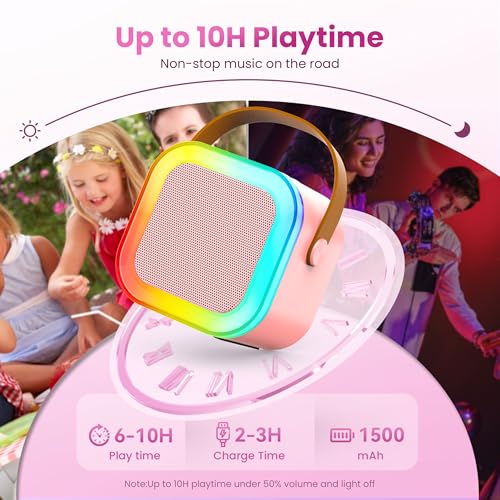 Mini Karaoke Machine, Portable Bluetooth Speaker & 2 Wireless Microphones | Karaoke Player Karaoke Microphone For Family Home Party Outdoor With HI-FI Sound | 5 Magic Sound | PA System | USB | TF | AUX - color: Pink