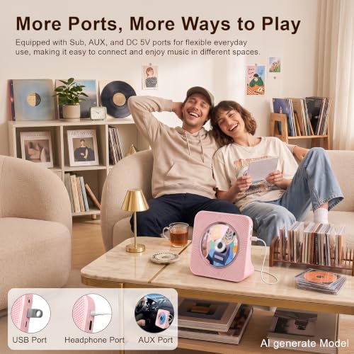 Gueray Portable CD Player with Bluetooth for Home, Hi-Fi Speaker,FM Radio | Plug-in desktop use,2-way Bluetooth mode, 3W speakers,Remote control,sleep timer, A-B repeat,USB/AUX,headphone jack - color: Pink