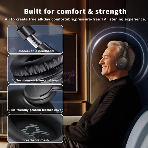 Tianfucen BKM400 Wireless Headphones for TV Watching | TV Headphones Wireless for Seniors, Easy Plug & Play with USB Transmitter, No Lip-Sync Delay, 40H Playtime, Comfortable,Black